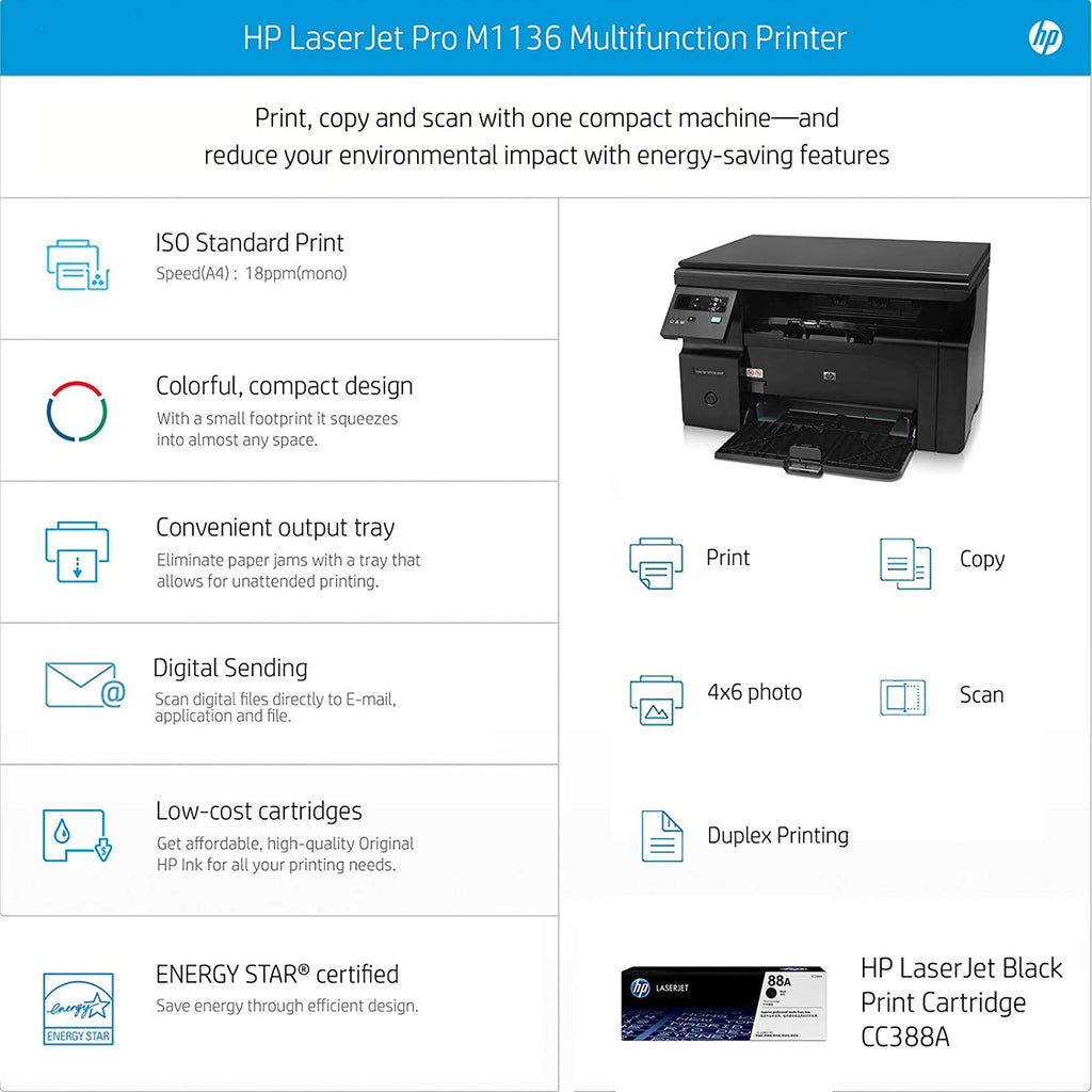 HP Laserjet Pro M1136 Multifunction Monochrome Laser Printer