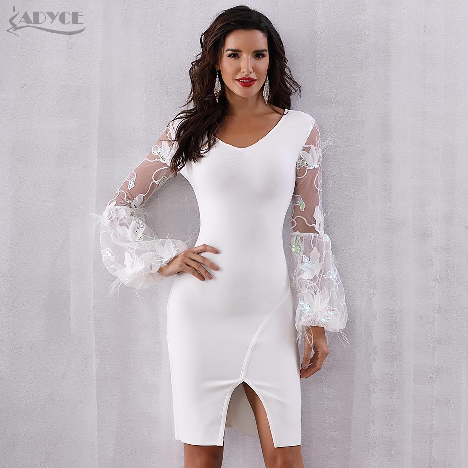 ADYCE Vestidos Sexy Feather Long Sleeve V Neck Midi Lace Runway Bandage Party Dress - H5245