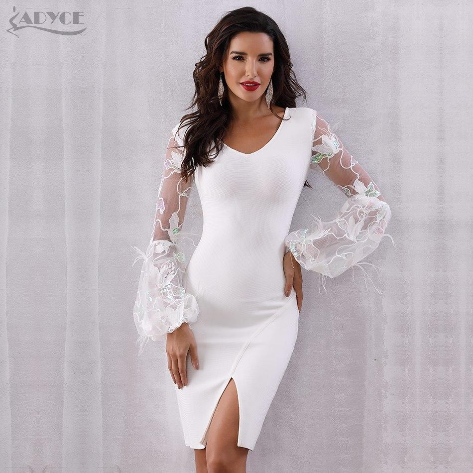 ADYCE Vestidos Sexy Feather Long Sleeve V Neck Midi Lace Runway Bandage Party Dress - H5245