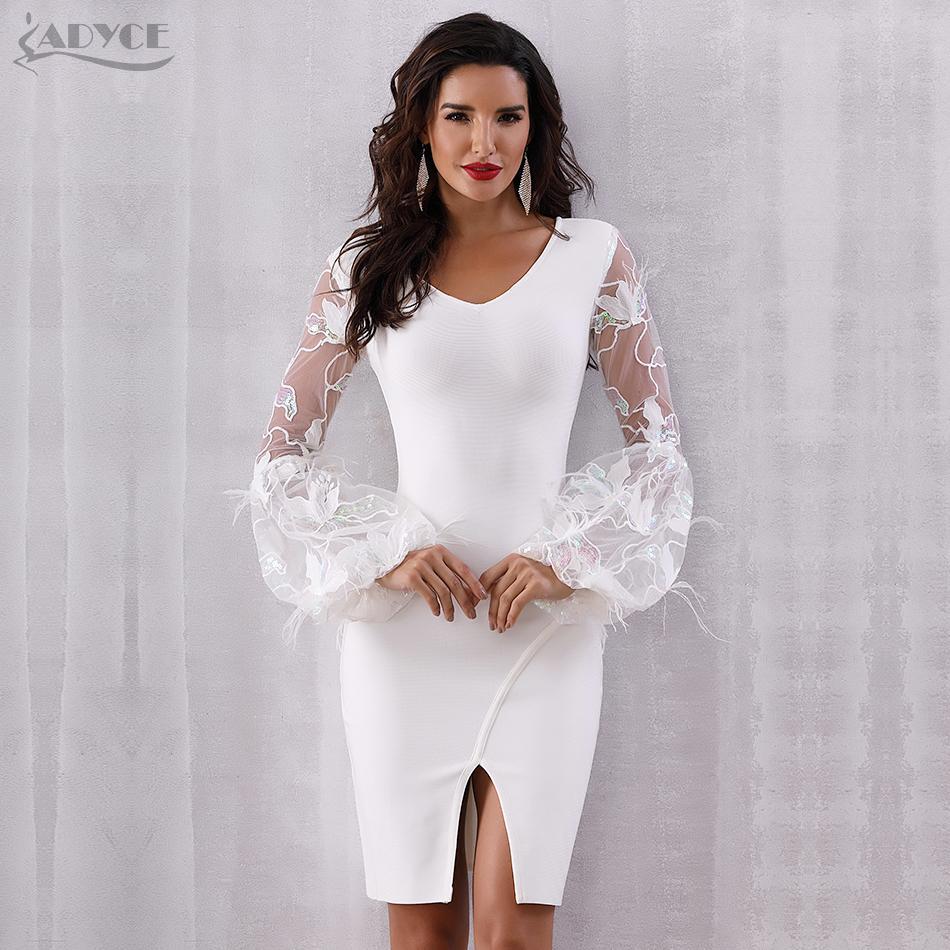 ADYCE Vestidos Sexy Feather Long Sleeve V Neck Midi Lace Runway Bandage Party Dress - H5245