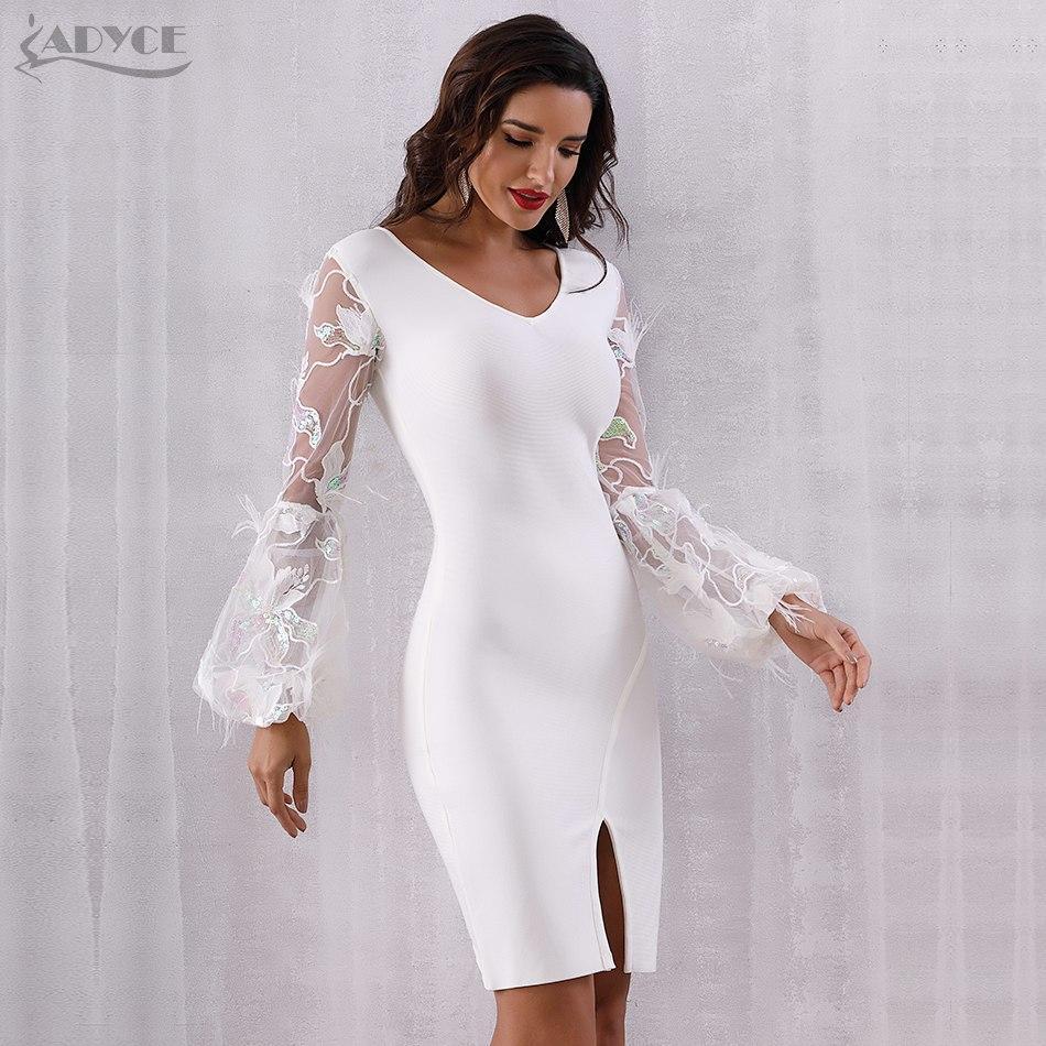 ADYCE Vestidos Sexy Feather Long Sleeve V Neck Midi Lace Runway Bandage Party Dress - H5245