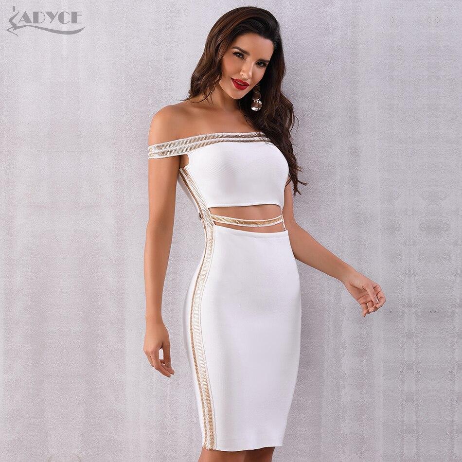 ADYCE Sexy Slash Neck Sequined Hollow Out Midi Off Shoulder Bandage Party Dress - H5223